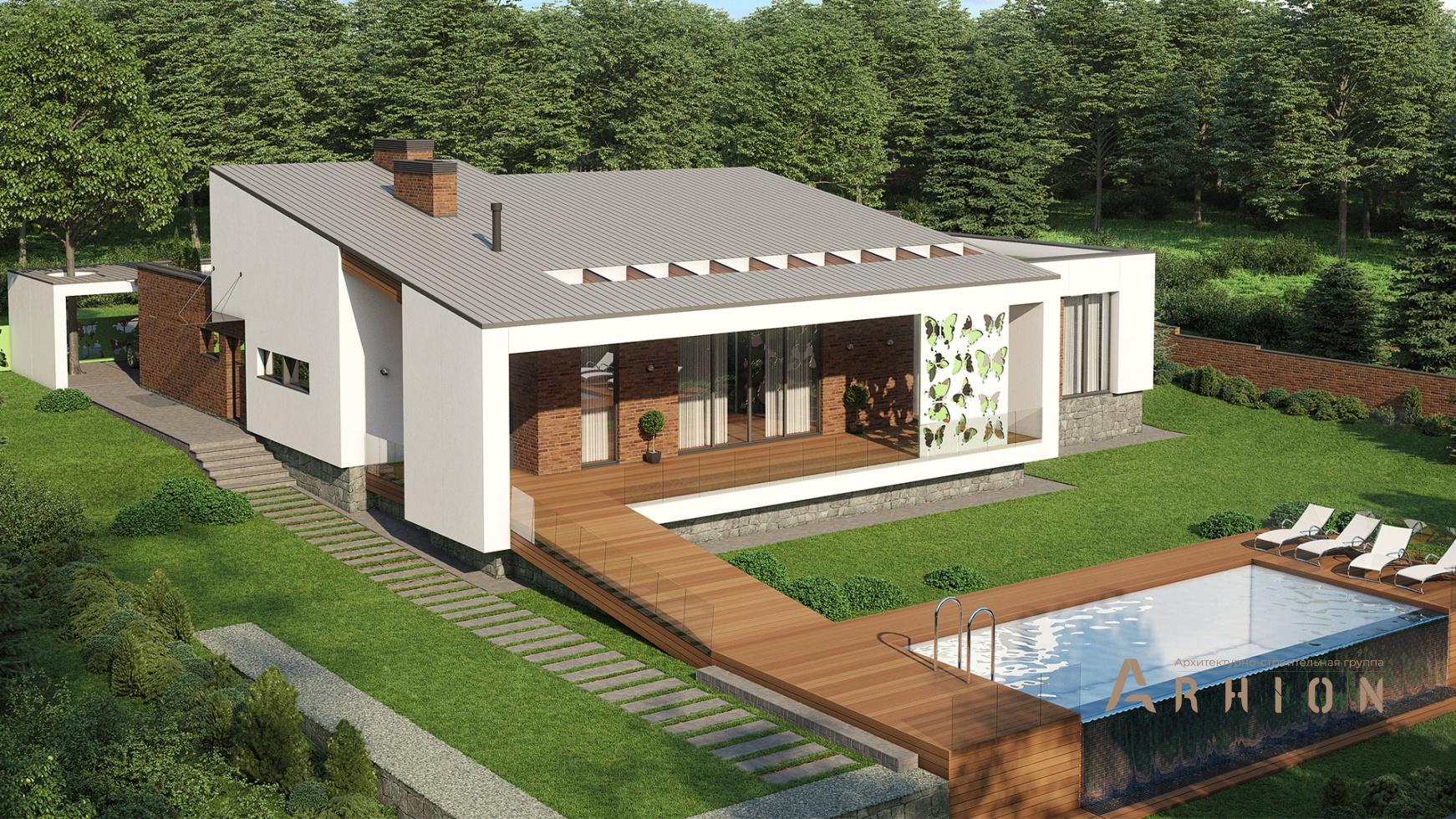 2. Проект одноэтажного дома в стиле лофт с односкатной кровлей, m-320, площадью - 340 кв c мансардой, терассой, балконом, гаражом, бассейном